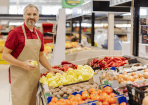 Empleado de supermercado en sección de frutas y verduras atendiendo a clientes